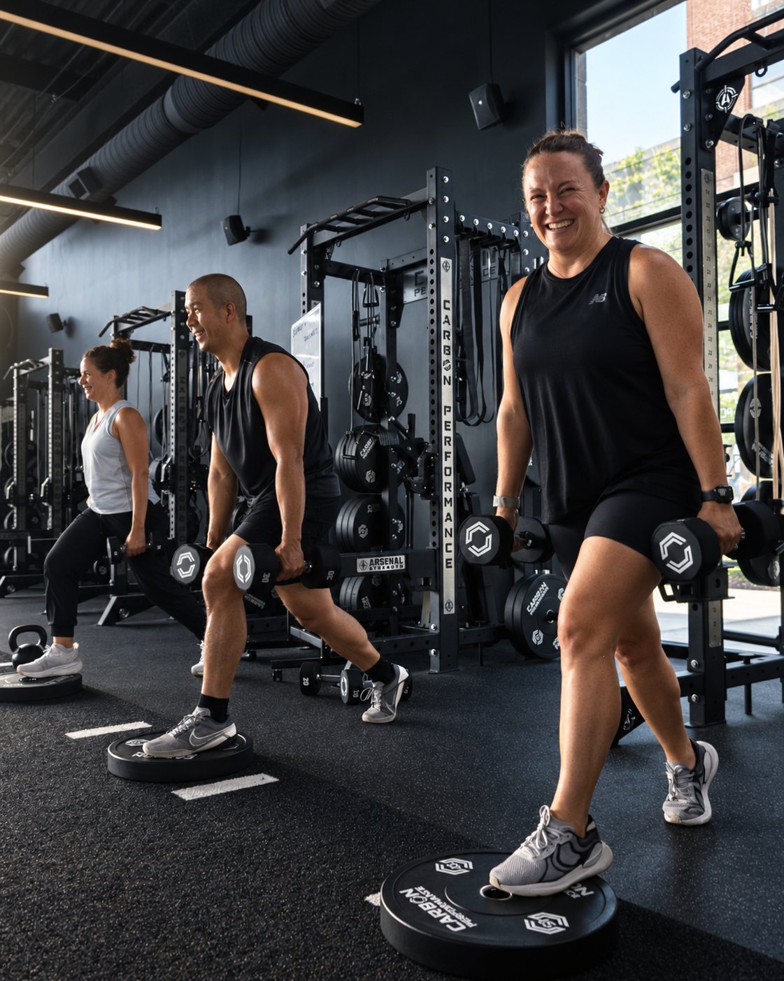 Smiling member lunging with dumbbells alongside classmates