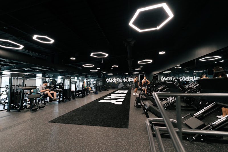 Spacious Carbon Performance gym floor with hexagon ceiling lights, strength equipment and turf lane